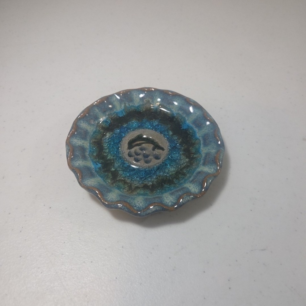 Down to Earth Pottery Leaping Dolphin Icon Ring Dish Recycled Blue Glass USA